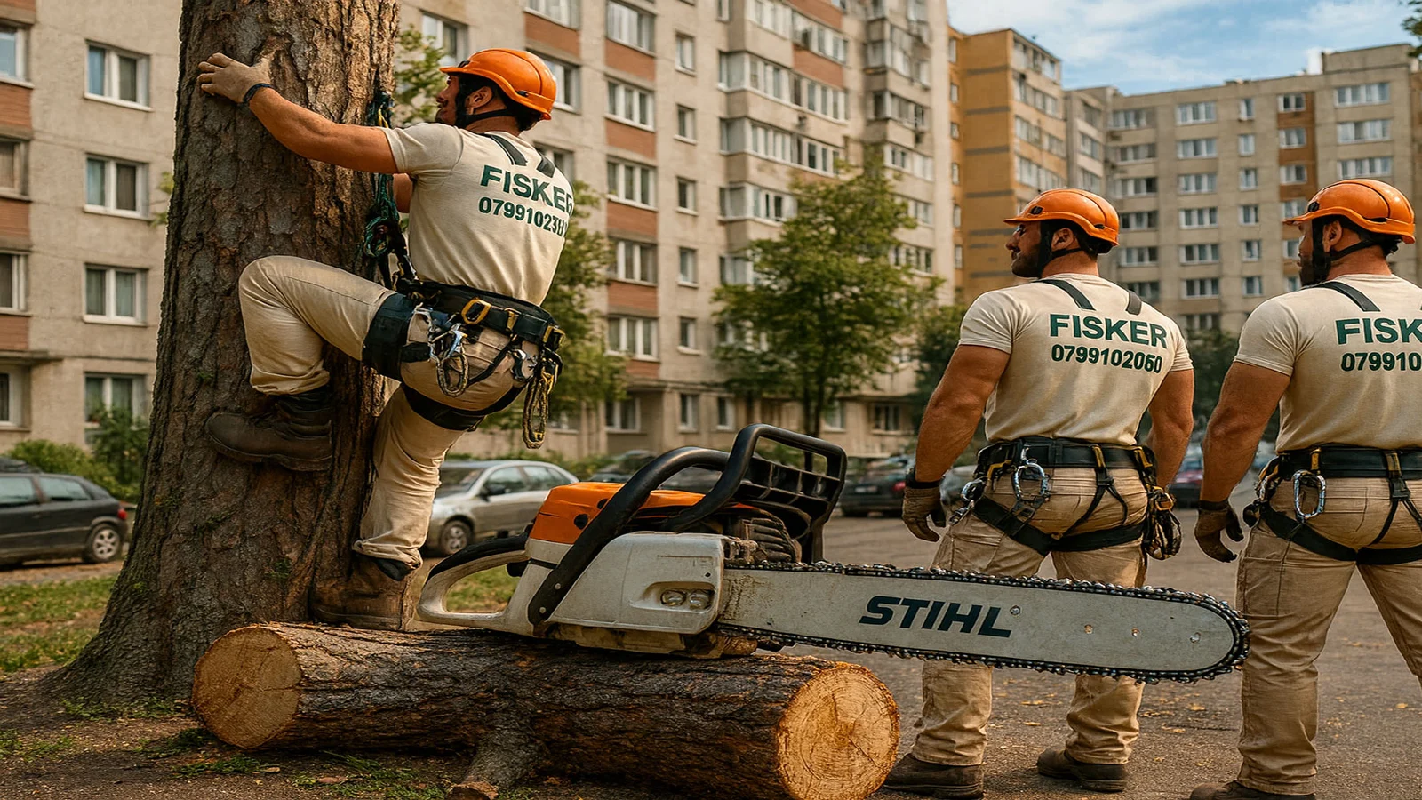 Echipa FISKER taie un copac periculos langa blocuri in Brasov, cu alpinisti utilitari asigurati in coarda si drujba profesionala