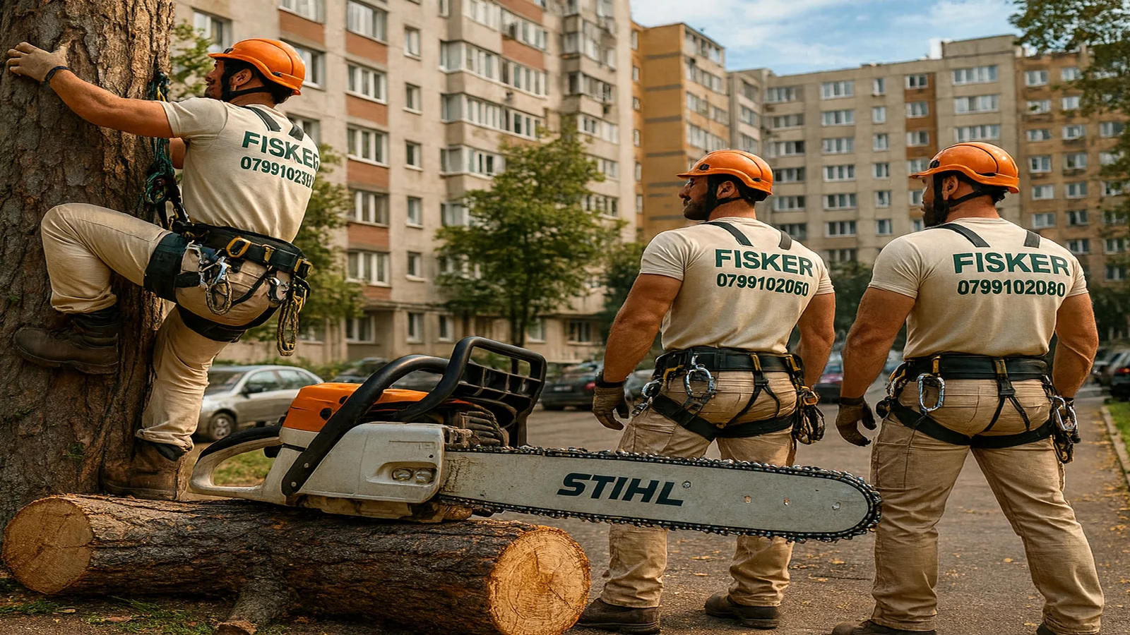 Echipa FISKER taie un copac periculos langa blocuri in Cluj-Napoca, cu alpinisti utilitari asigurati in coarda si drujba profesionala