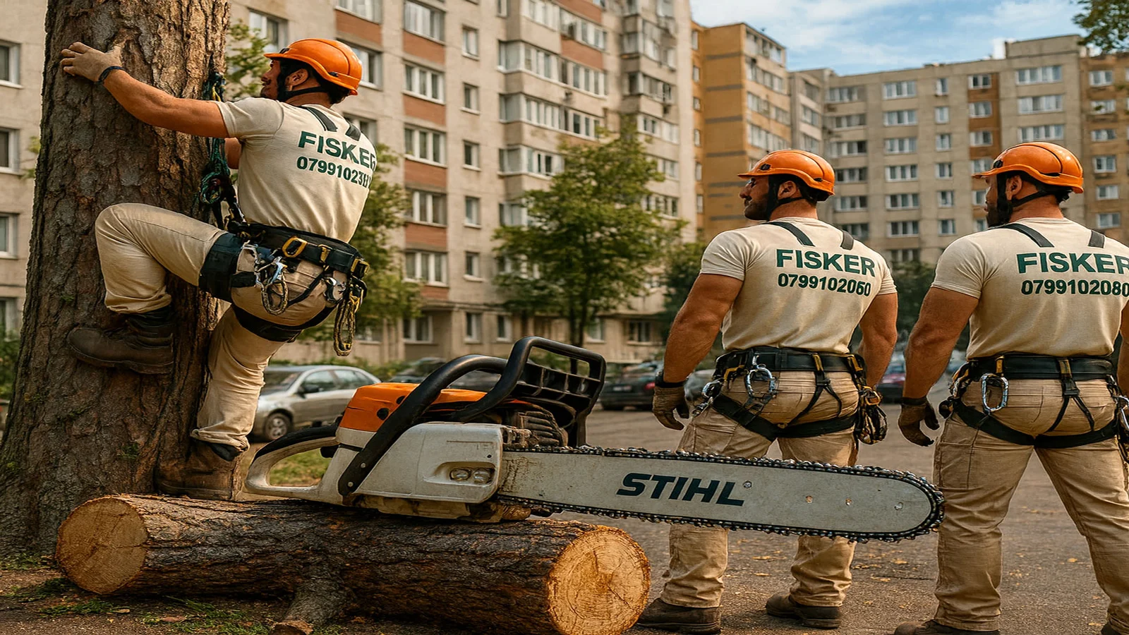 Echipa FISKER taie un copac periculos intre blocuri in Craiova, cu alpinisti utilitari asigurati in coarda si drujba STIHL
