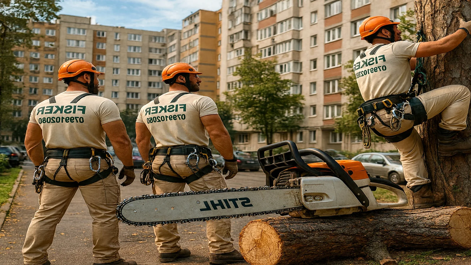 Echipa FISKER taie un copac periculos langa blocuri in Galati si Braila, cu alpinisti utilitari asigurati in coarda si drujba profesionala