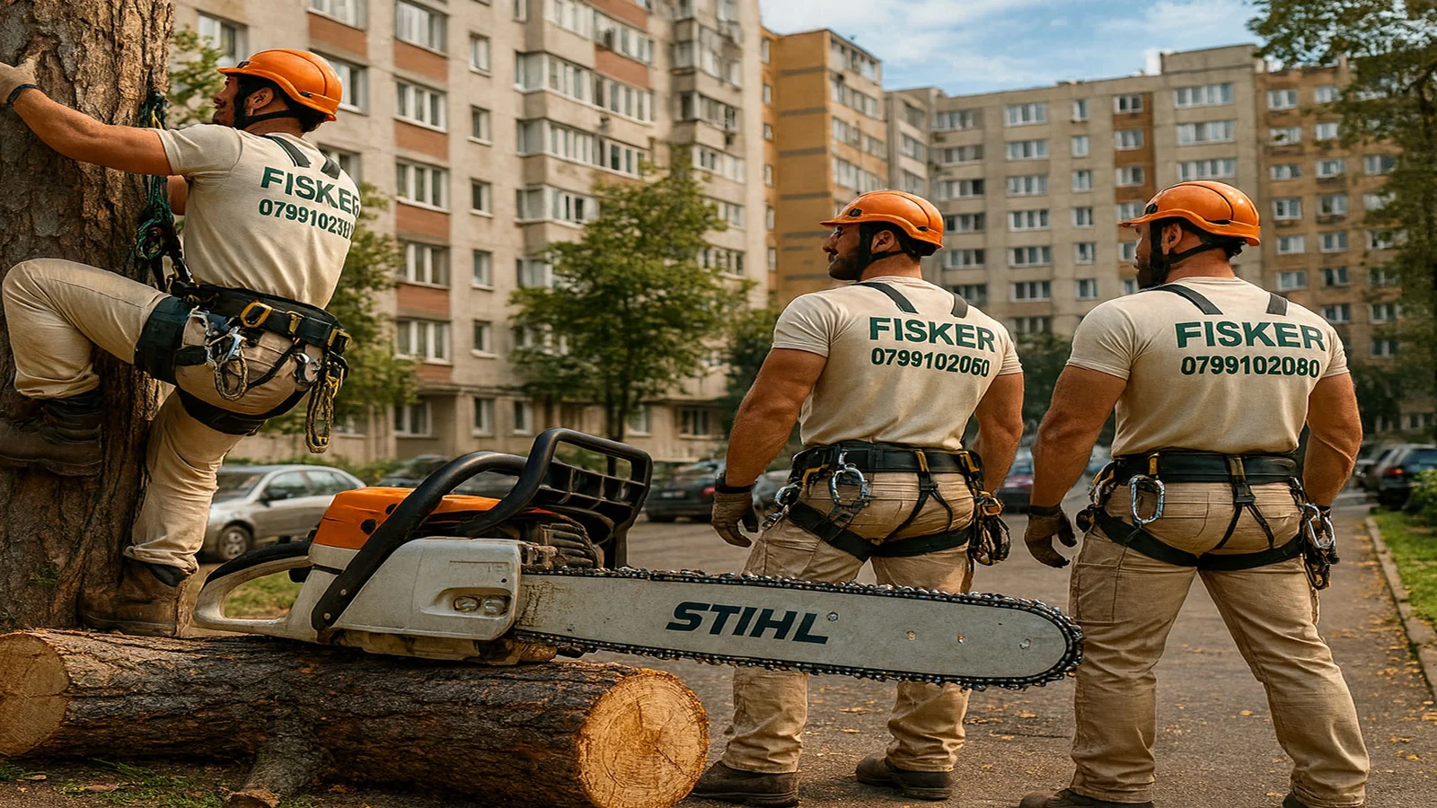 Echipa FISKER taie un copac periculos langa blocuri in Oradea, cu alpinisti utilitari asigurati in coarda si drujba profesionala
