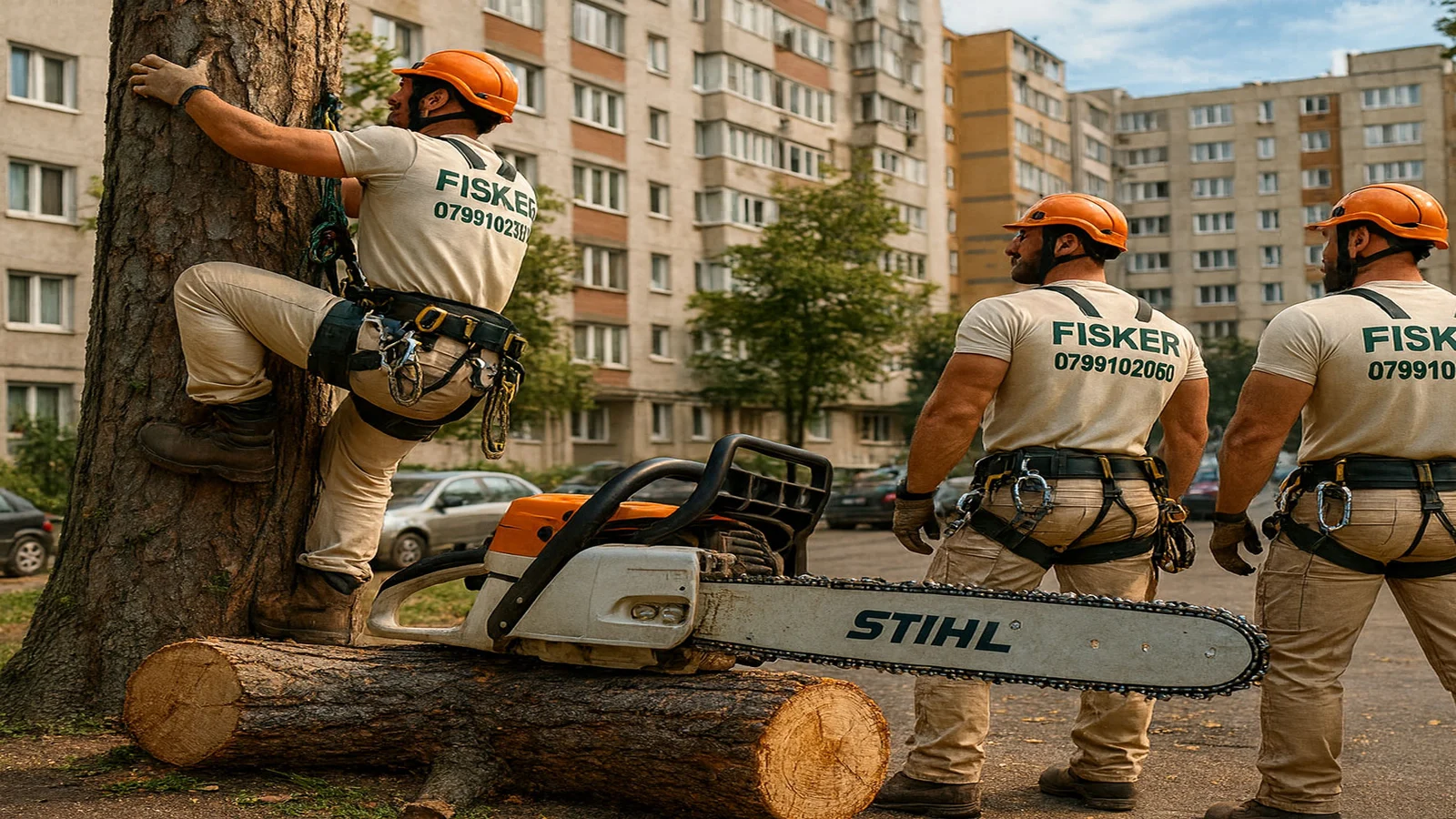 Echipa FISKER taie un copac periculos langa blocuri in Prahova, cu alpinisti utilitari asigurati in coarda si drujba profesionala