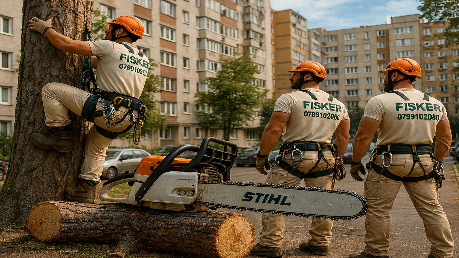 Echipa FISKER taie un copac periculos langa blocuri in Sibiu, cu alpinisti utilitari asigurati in coarda si drujba profesionala